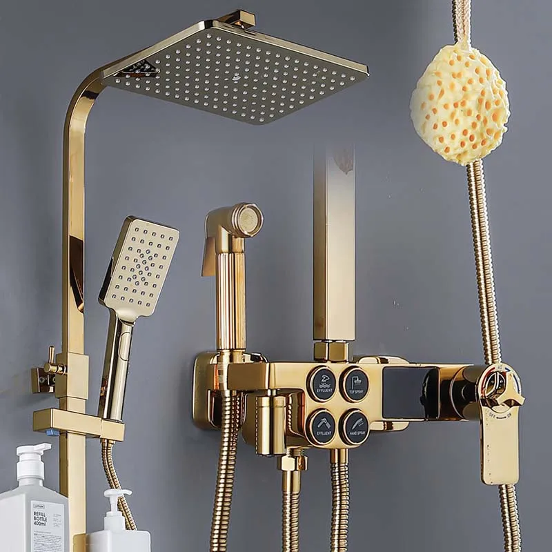 Deao Bathroom Gold Bathing Luxury Shower Kit 4 Functions Piano Brass Shower Set Thermostatic for Hotel