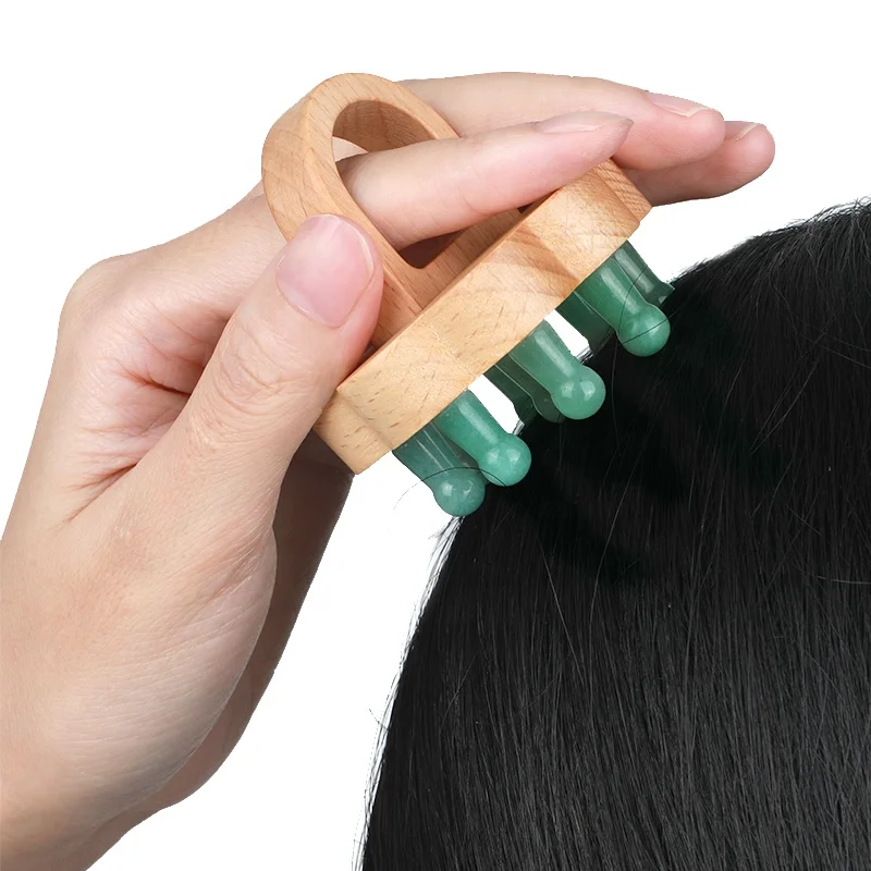 Hanhe Custom Natural Stone Wooden Scalp Massager Jade Guasha Head Therapy Tools Green Gua Sha Massage Comb