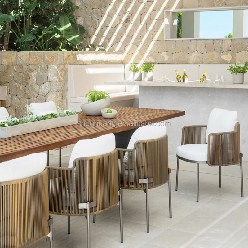 All weather webbing garden furniture outdoor rope dining set with wooden table