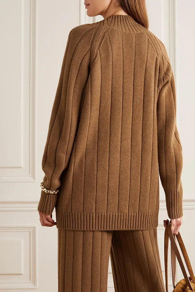 2022 Custom ribbed knitted two piece wool women cashmere cardigan pants sweaters sets for women