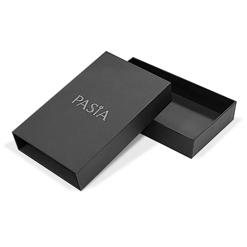 premium luxury black boxes for packaging with a special texture linen pattern pull out sliding logo silver foil stamping