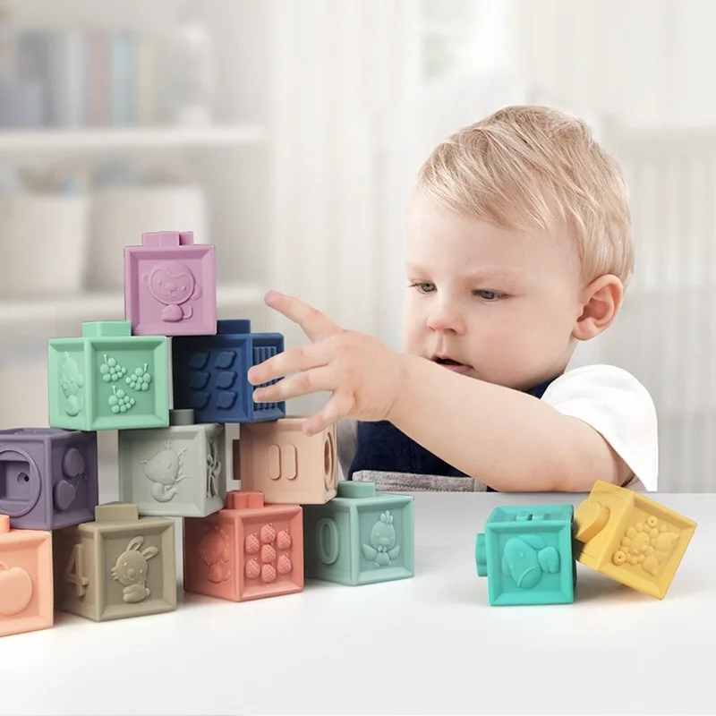 Soft Educational Montessori Toys baby Stacking Rubber silicone Blocks Soft Building Block Set Toy For Baby