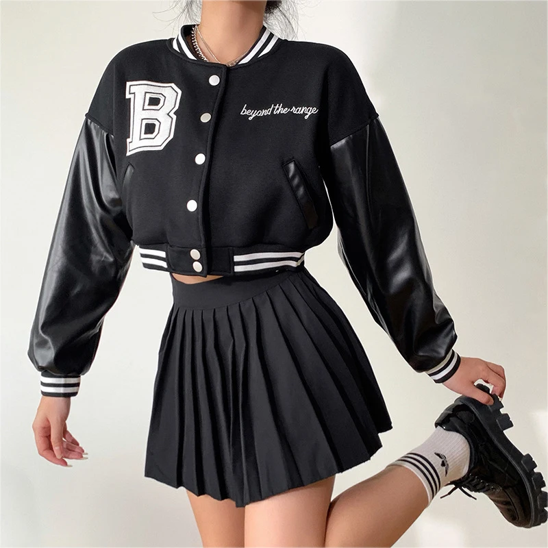 CA2439A Winter 2022 Women Fashion Colorblock Leather Sleeve Baseball Uniform Short Jacket Trending Autumn Ladies Cropped Coat