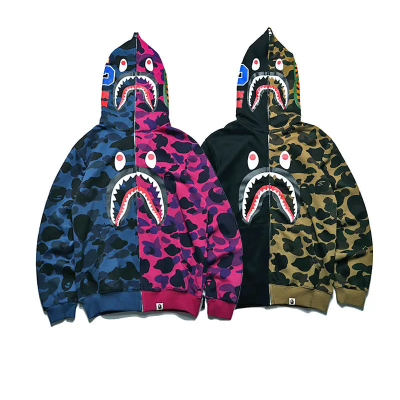 Wholesale Custom High Quality Unisex Bape Cartoon Shark Print Hoodie Color Camo Pink Camouflage Bathing Ape Shark Bape Zipper