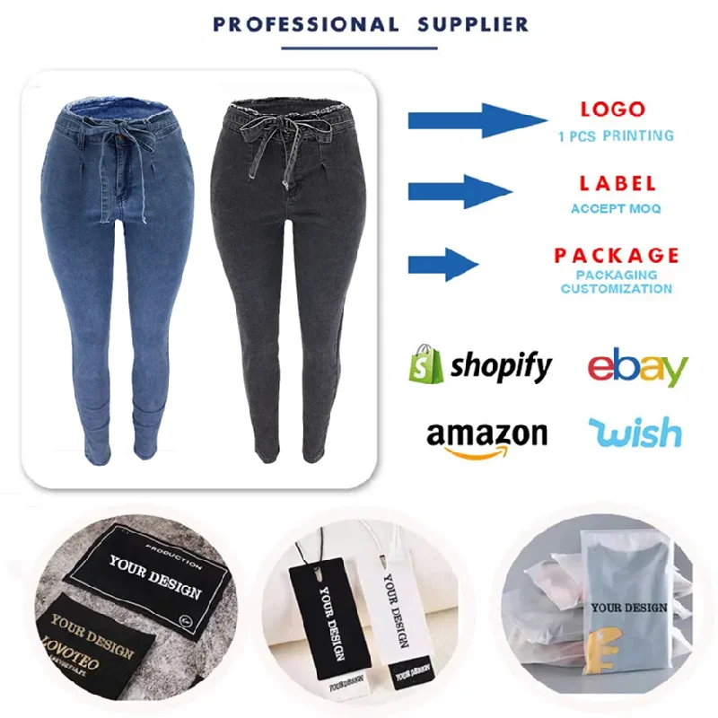 YQY692 Best-Selling Denim Jeans Pants Slim Fit Elastic High Waist Jeans Pants For Women With Tassel Belt