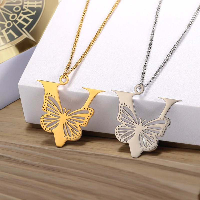 Custom Exquisite Stainless Steel Letter K and Hollow Out Butterfly Necklace Jewelry Lovely Birthday Gifts for Women Friends