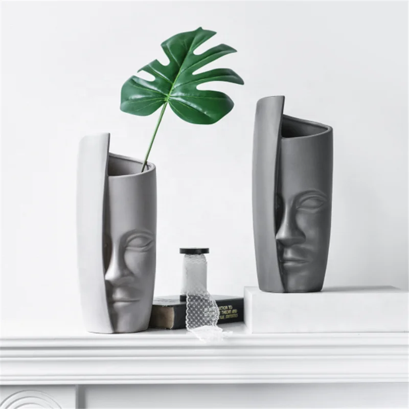 
Nordic ins ceramic flower container grey human face vase for living room 