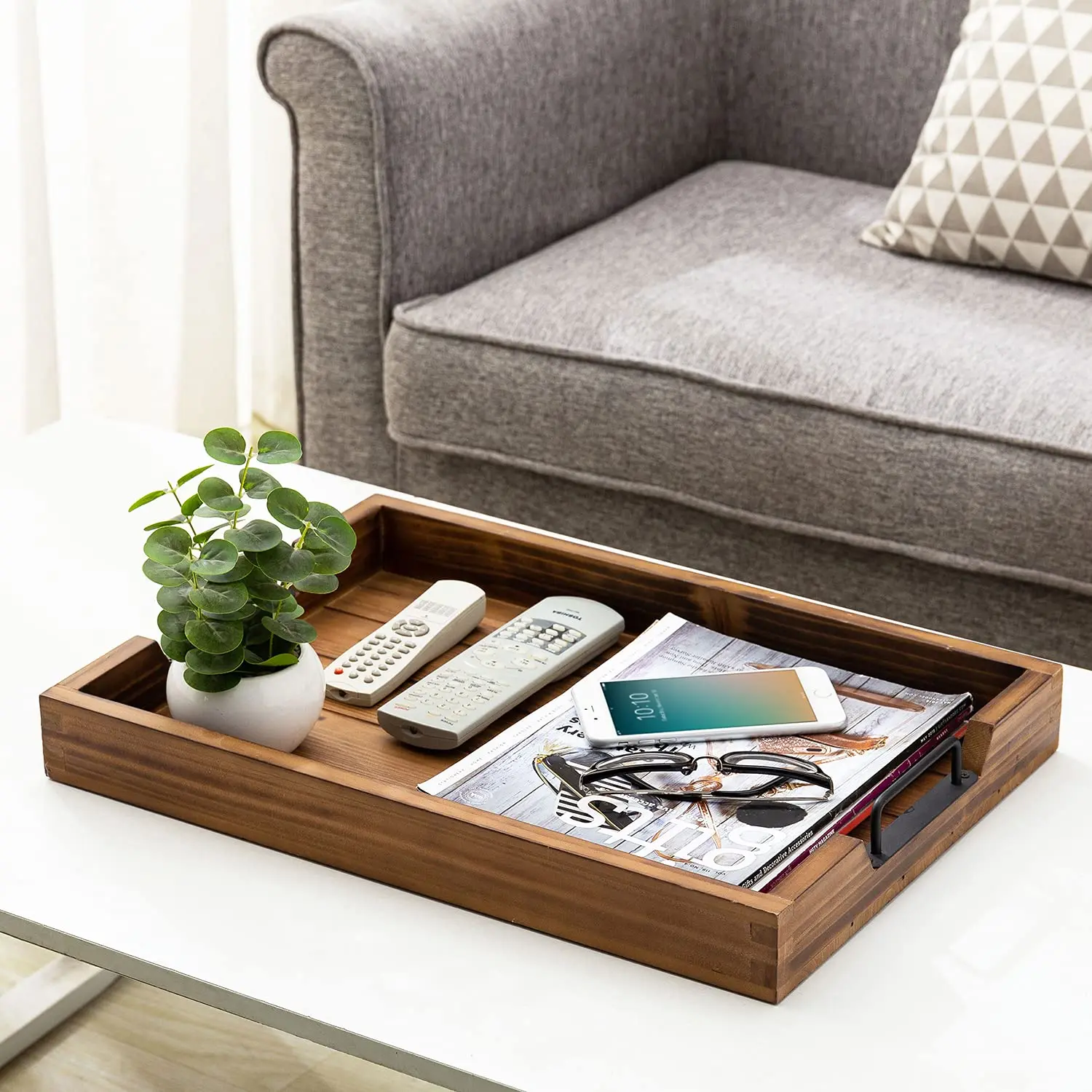 Hot Trending Burnt Wood Large Serving Tray Office Desktop Organizer Paper Holder Solid Wood Paper Document File Tray