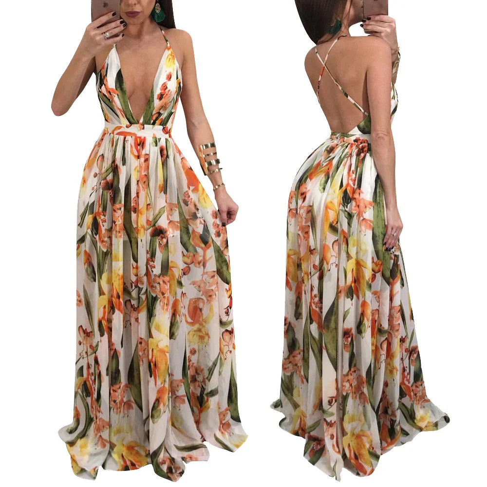 J9411 Print Floral Loose Boho Deep V Neck Backless Long Women Dress  Maxi Dresses  Sexy Back Cross Beach Summer Dress