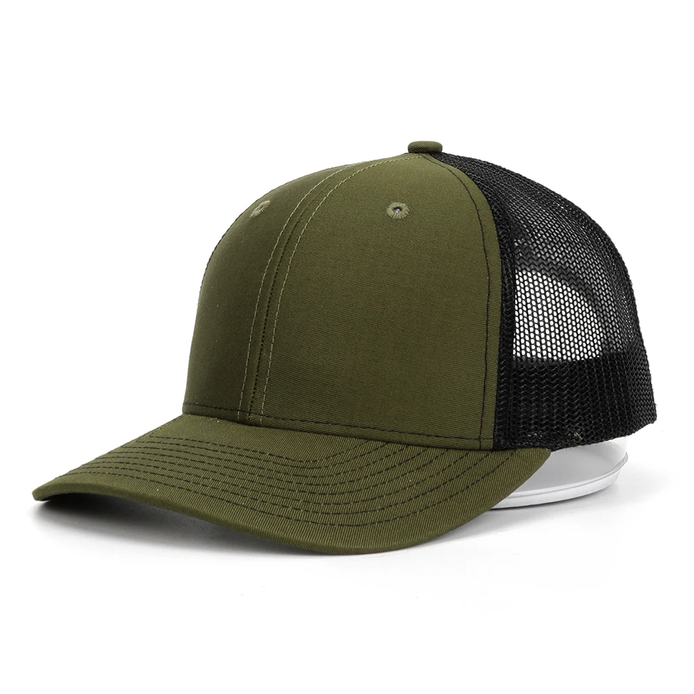 High Quality 6 Panel Olive Green Custom Logo Blank Back Mesh Embroidery Patch Trucker Hats Caps