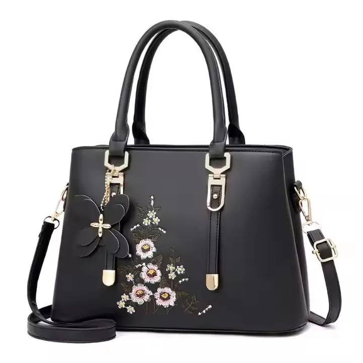 RU Navy blue embroidered floral office large designs tote shoulder handbags for women wholesale