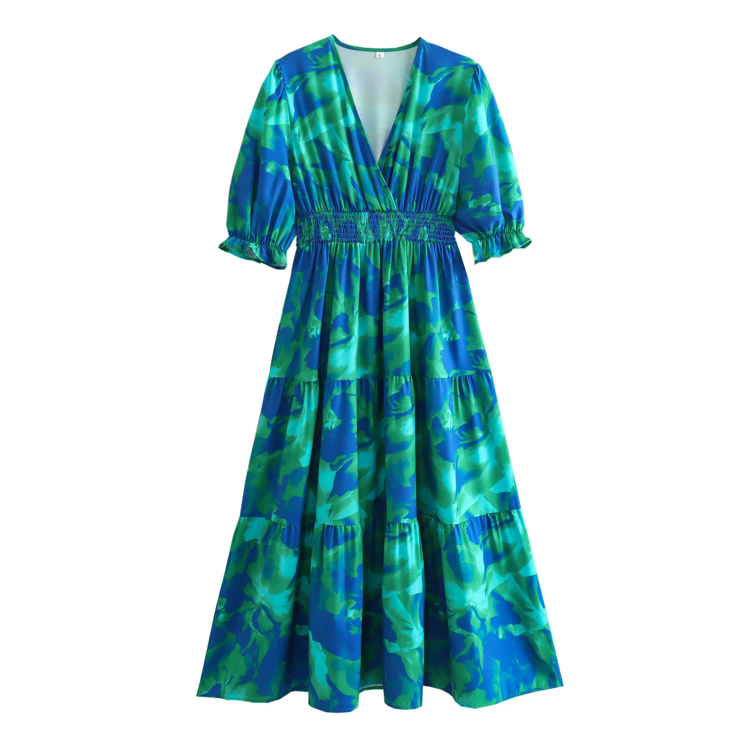 V neck short sleeve elastic waist blue green color print casual fashion ladies long dress