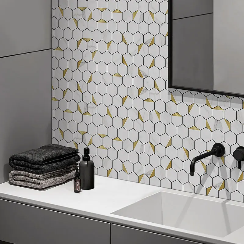 Classic Hexagonal Metal 3D Carrara Marble Look Aluminium Self Adhesive decorative Mosaic Tiles for kitchen backsplash