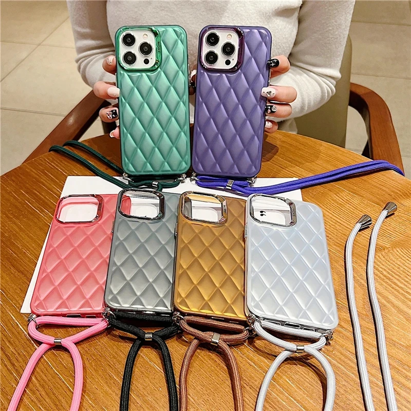 new luxury lattice pattern cases for iphone 15 pu leather new,for iphone 15 pro case with strap