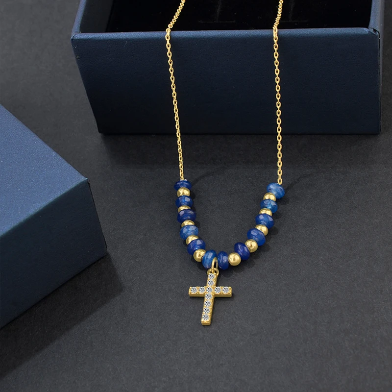 Hot Sale 925 Sterling Silver Gold Plated Necklace Blue Stone Beaded Shiny Zircon Cross Pendant Charm Necklace