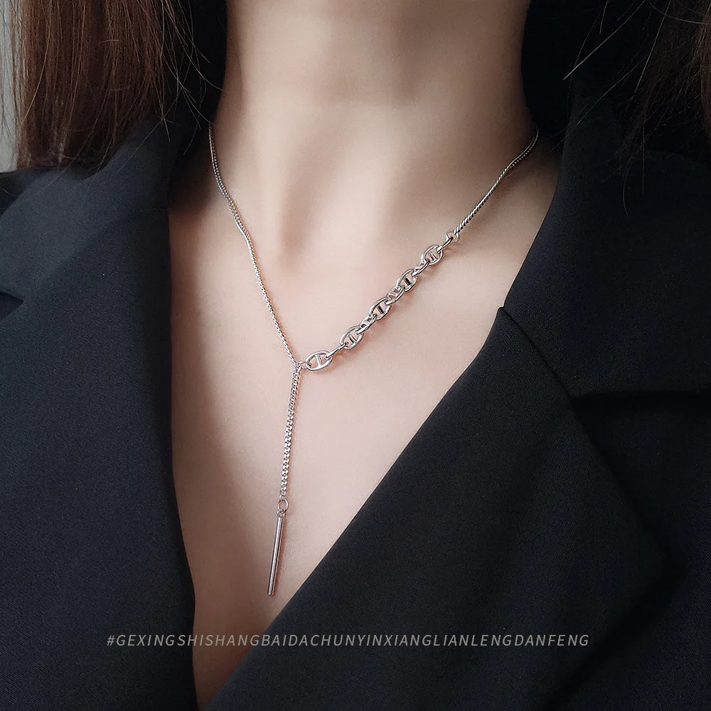 Kingcome Light Luxury Cool Wind Necklaces Personality Heavy Industry 1 Word Tassel S925 Sterling Silver Necklace