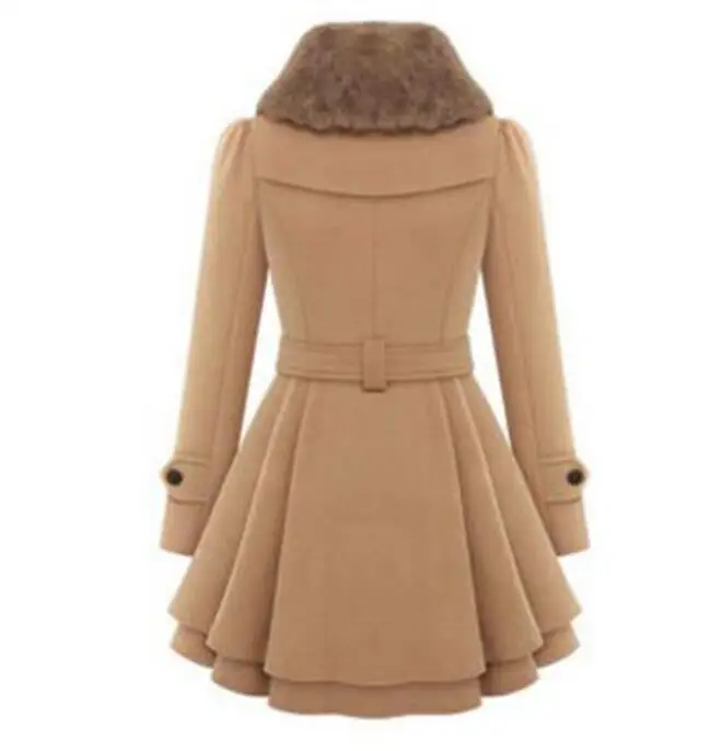 WIIPU Women Wool Coat Vintage England Woolen Blends Thin Winter Warm Plus Size Overcoats Faux Fur Collar Fashion Coats