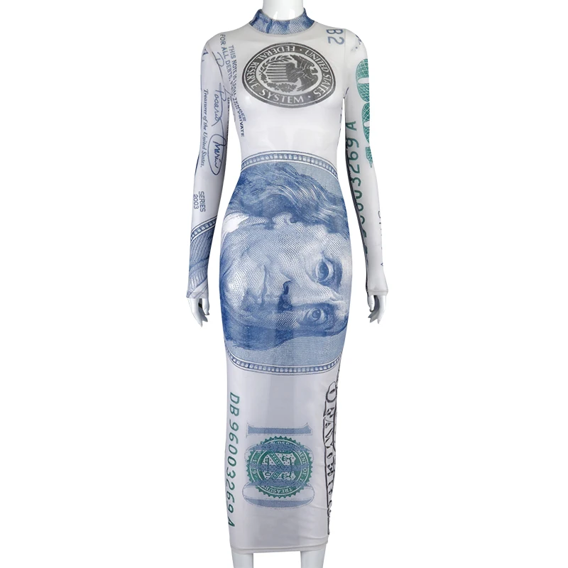 
2020 Unique Designer Money Dress Women Sexy Bodycon Polyester Dollar Print Maxi Dress 