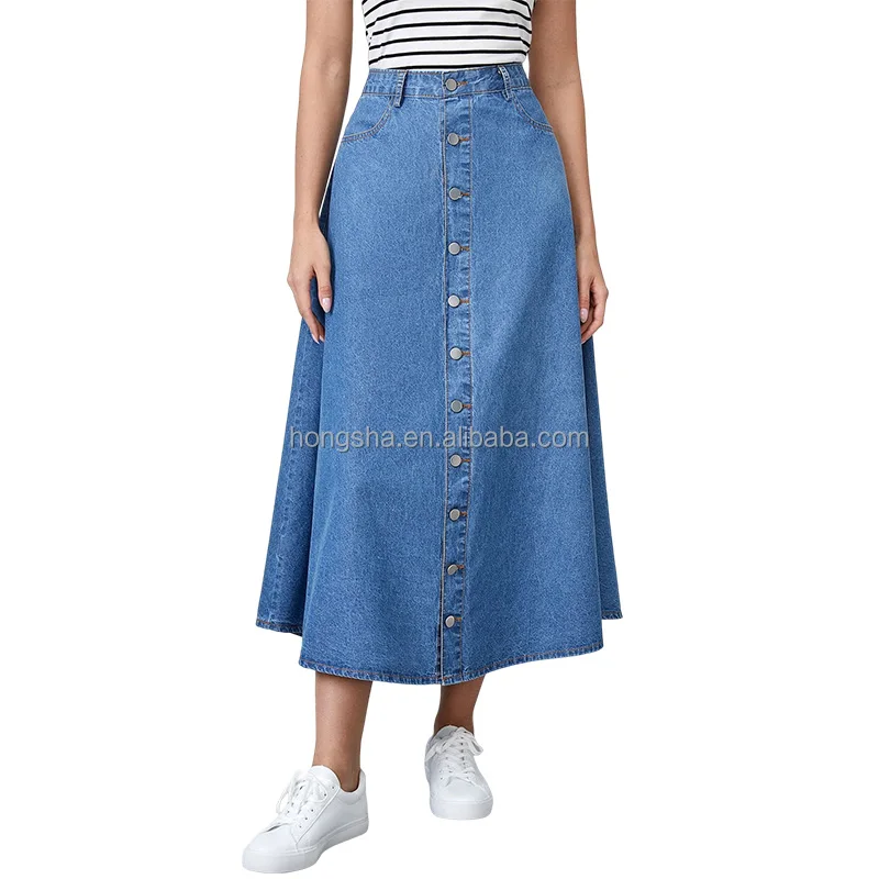 Ladies Button Front A Line Maxi Denim Skirt Summer High Waist Jeans-Skirt-Maxi Cotton Jeans Skirts For Women Long HSS9062