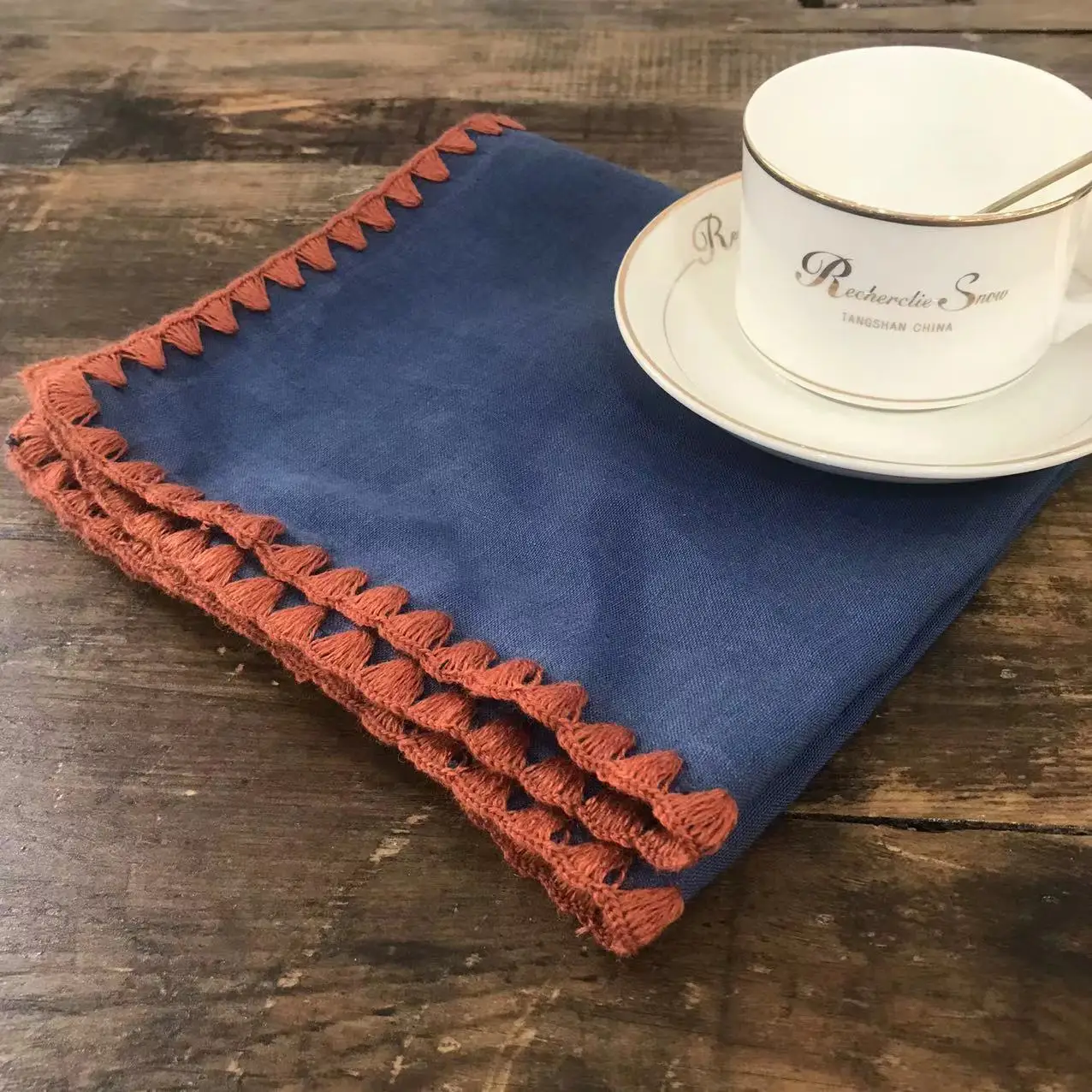 Dinner Restaurant Hemstitch Handkerchief napkin Cloth Embroidery Shell edge napkin White Linen Fabric Table Napkin