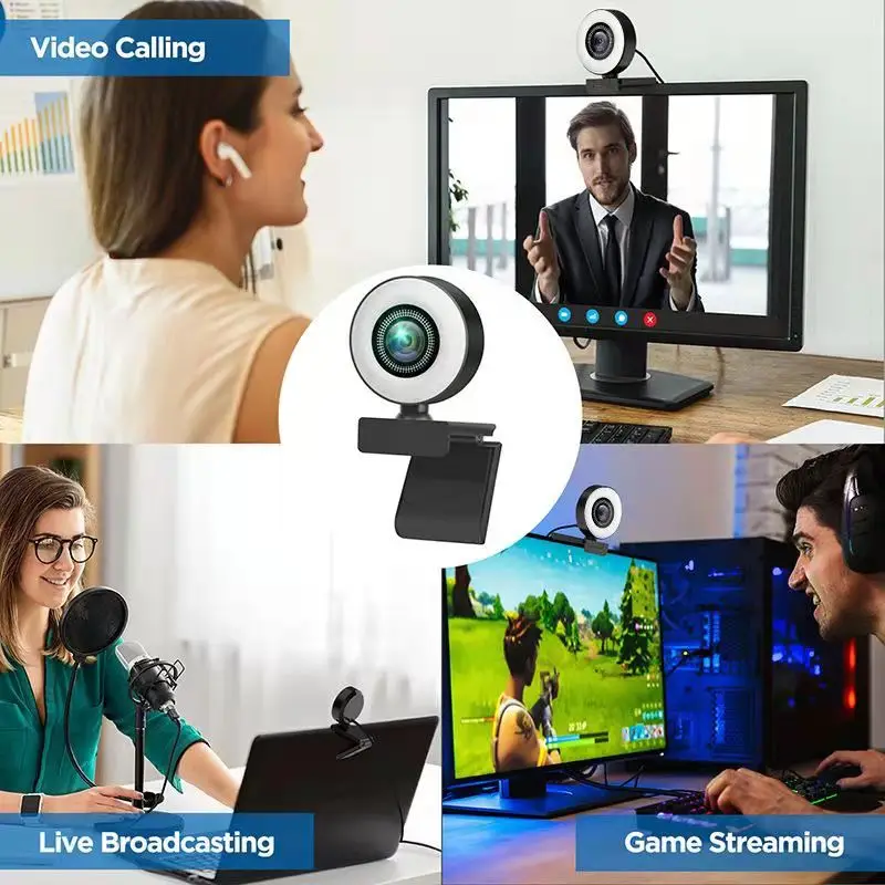  2K 4MP HD Webcam Built in Adjustable Ring Light and Mic Advanced autofocus AF Web