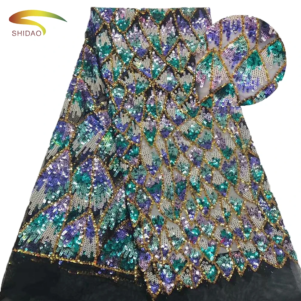 wholesale high quality polyester lace embroidery  fish scale colorfu sequins fabric