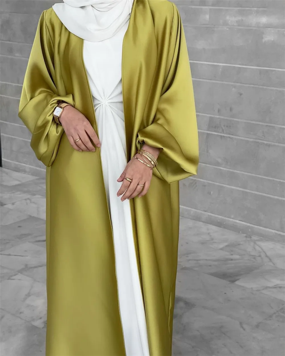 2022 muslim women dress Puff Sleeve Cardigan  Long Sleeve Fancy Drawstring Monochrome Silk Robe
