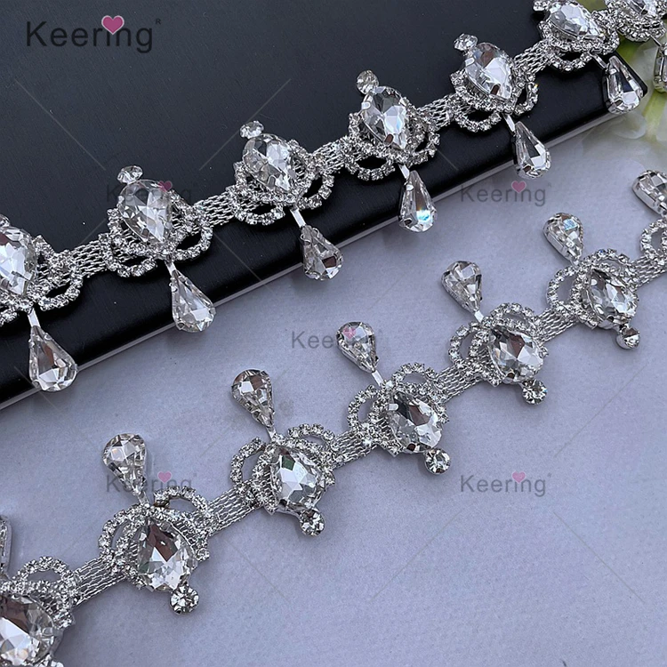 WRC-417 Keering Crown Droplet Crystal Chain Roll Rhinestone Cup Chain Trimming Tassel Fringe For Dresses