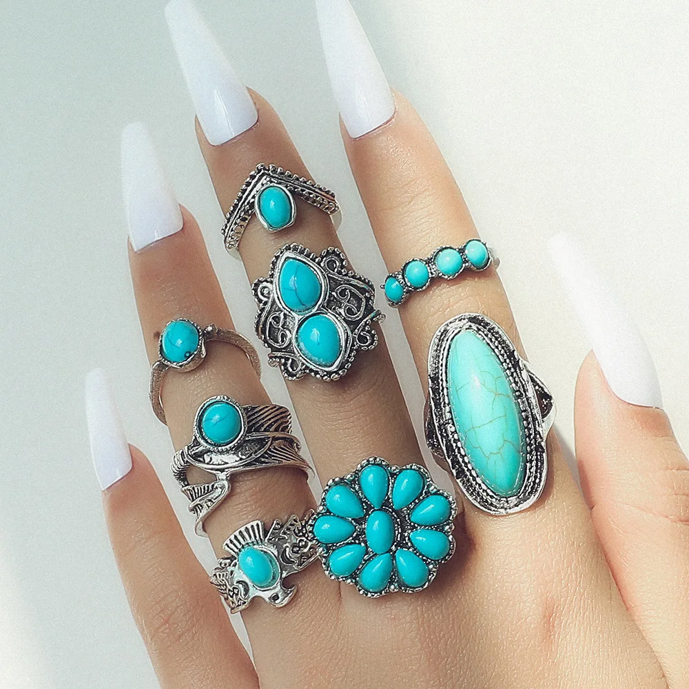 7/8/9Psc/Set Personalized Emerald Natural Stone Fashion Ethnic Vintage Style With Turquoise Carved Feather Ring Jewelry Ring Set