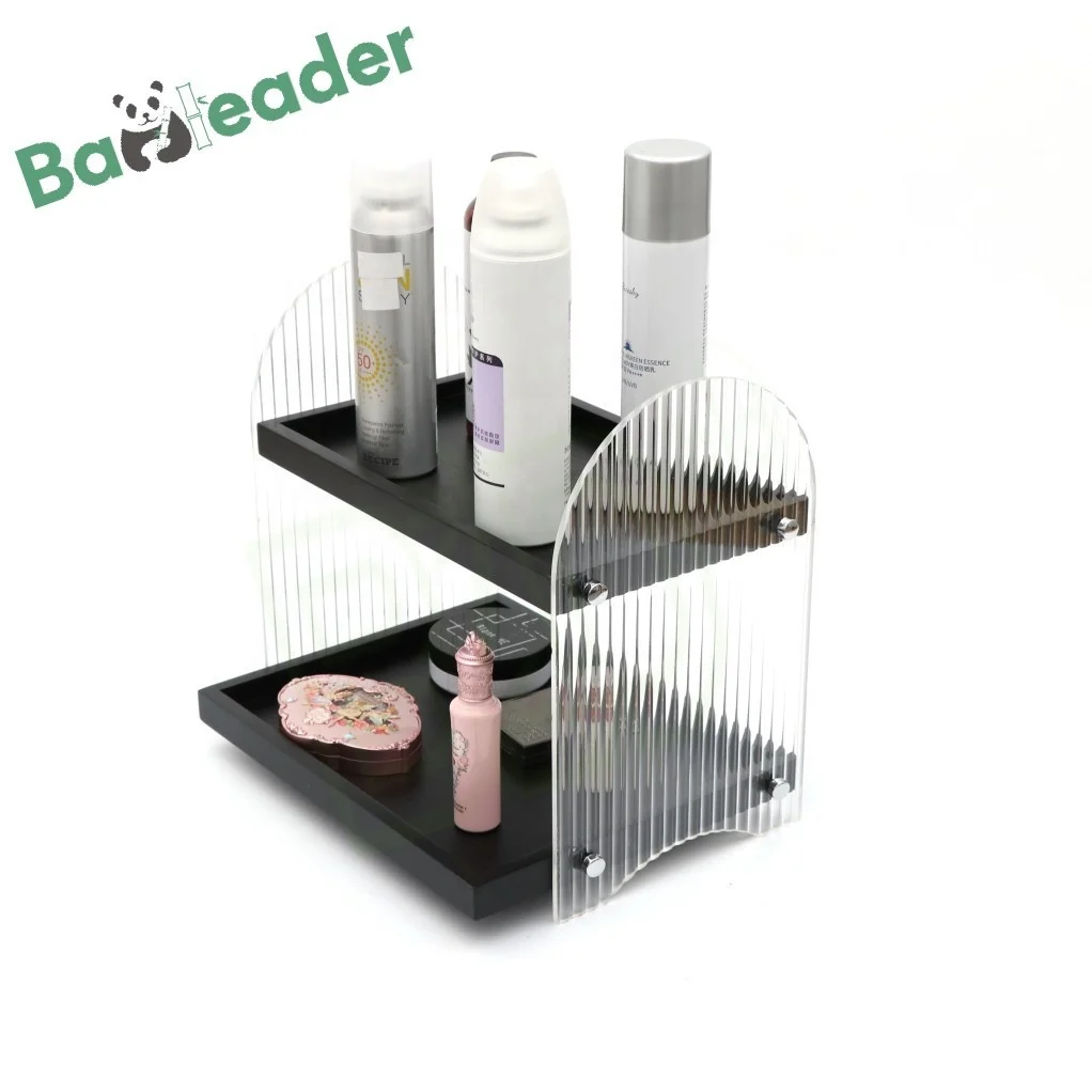 Customized Bamboo Wood Cosmetics Display Rack 2-tier Desktop Acrylic Storage Shelves Versatile Bamboo Acrylic Makeup Organizer