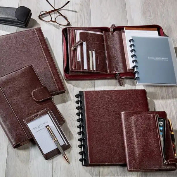 Full-grain pebbled leather refillable paper cover planners pen loop personal journal notebook with pocket