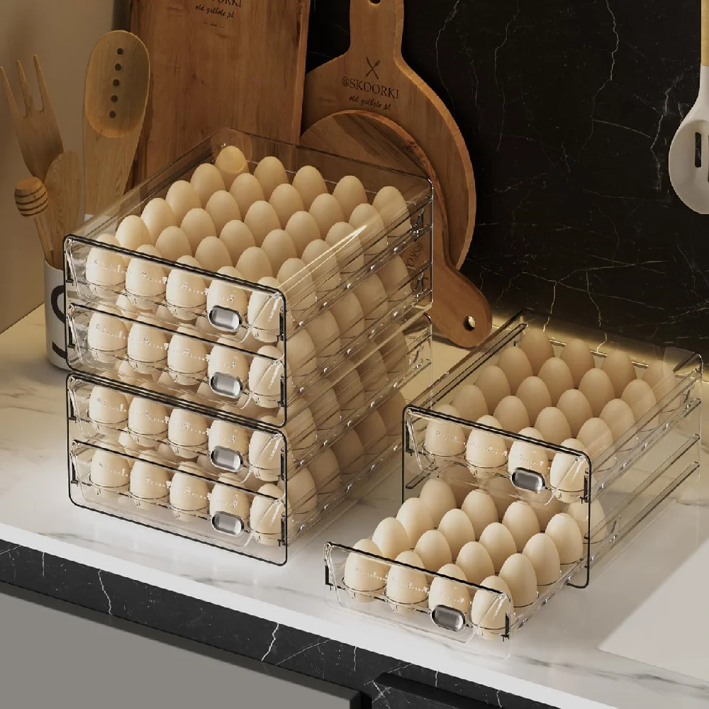 40 Eggs Tray with Time Scale 2 Layers Egg Trays, Clear Plastic Fridge Egg Organizer, Stackable Egg Drawer