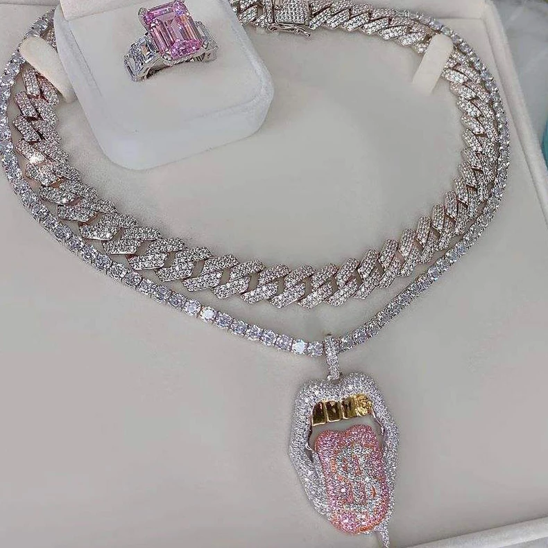 5a Cubic Zirconia Tennis Necklace Iced Out Pendant Cz Cubic Bling Chains Hip Hop Diamond Dollar Lip Pendant Women Girls Jewelry