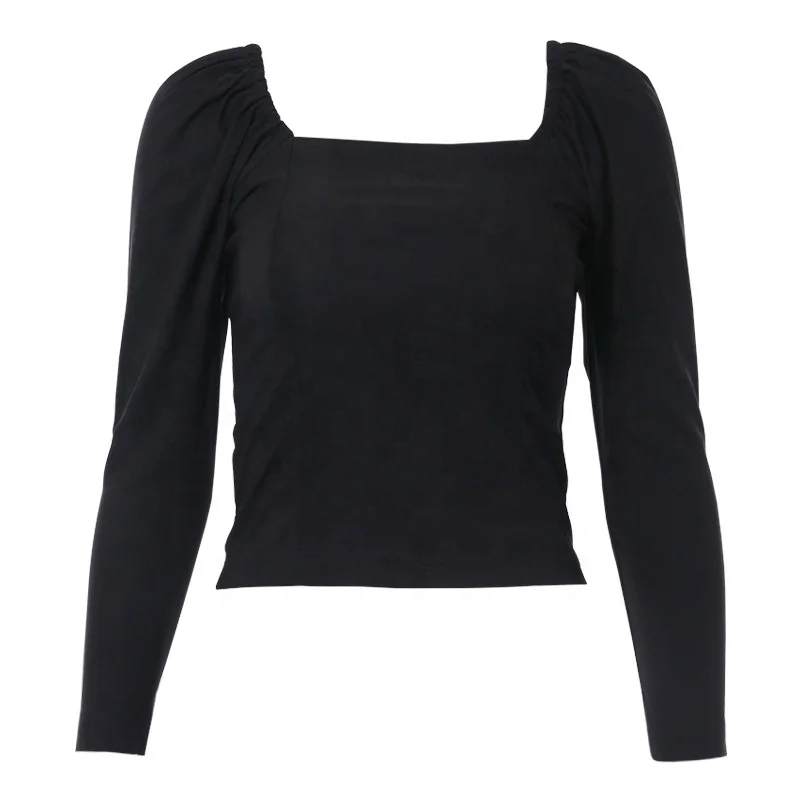 Girl  long sleeve casual blouse 2019 autumn puff design black tops