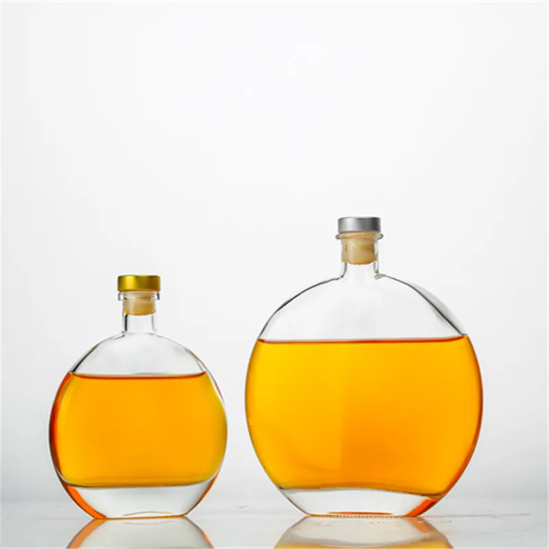 Hot Selling Fancy 250ml 500ml Flat Round Gin Glass Bottle For Coffee Liquor Wine Glass Bottle With Cork Stopper