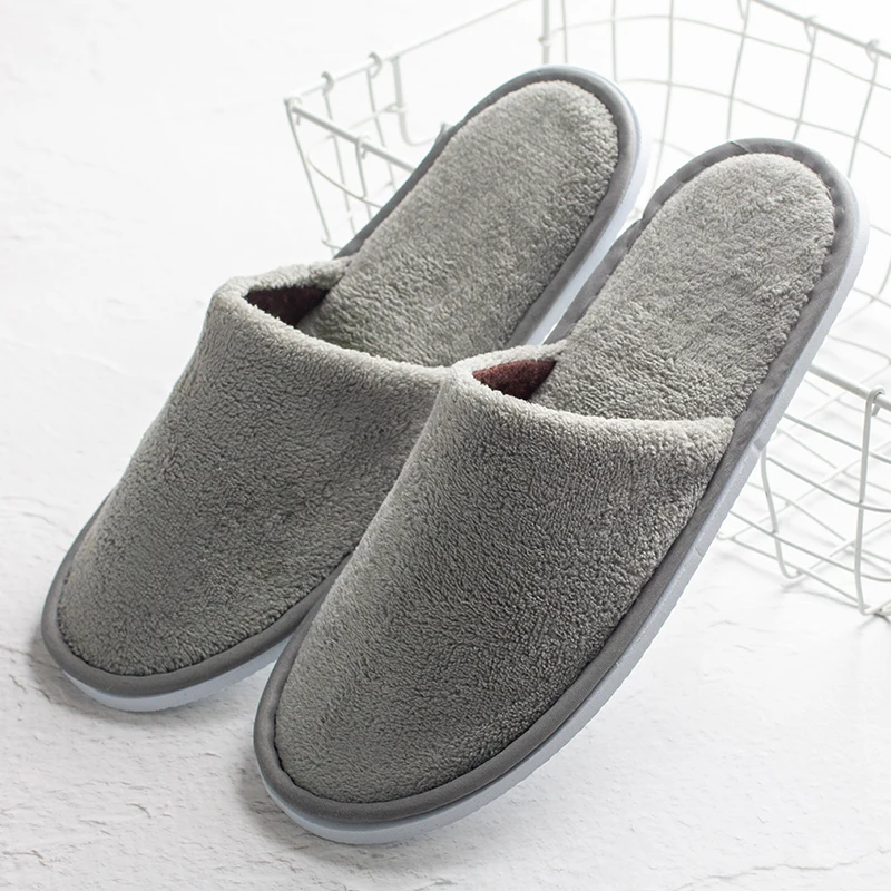 Grey Coral Fleece Disposable Slippers Luxurious Open Toe Design EVA Sole Soft Comfortable Logo Embroidery Printing Hotels Travel