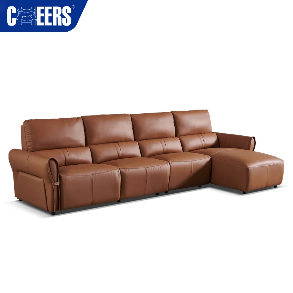 MANWAH CHEERS Minimalist Brown Genuine Leather Power Recliner Sleeper L Shape Sofa With Chaise Lounge