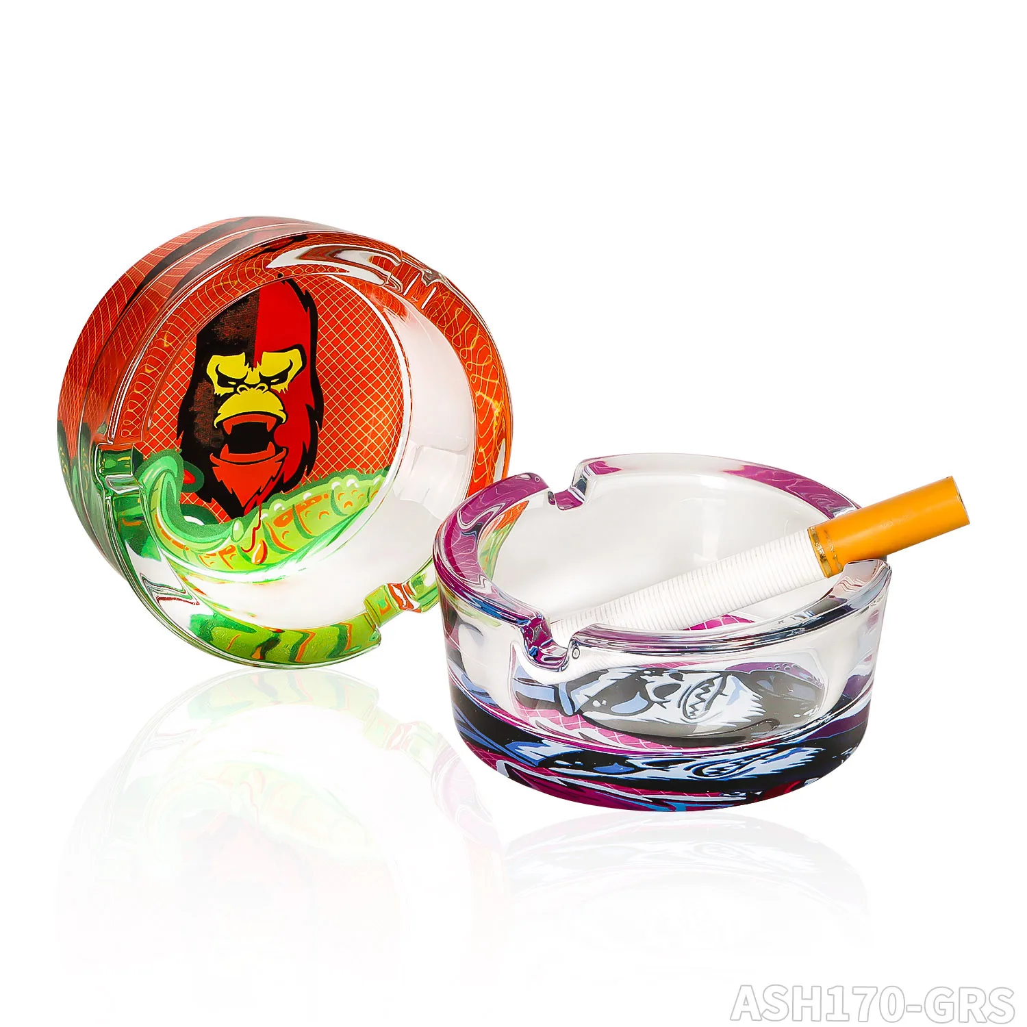 Wholesale Gorilla Design Glass Ashtray With 6 Patterns Per Display Box 85mm Cigarette Ashtray Support Custom Smoking Ashtray