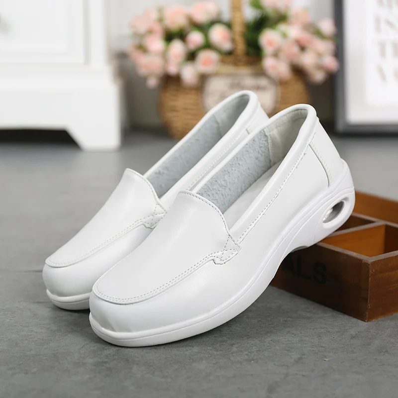 Comfortable Cow Leather Hospital Nurse Shoe Anti Slip Elastic Contraction Band Air Cushion Nursing white Shoes women For Nurses
