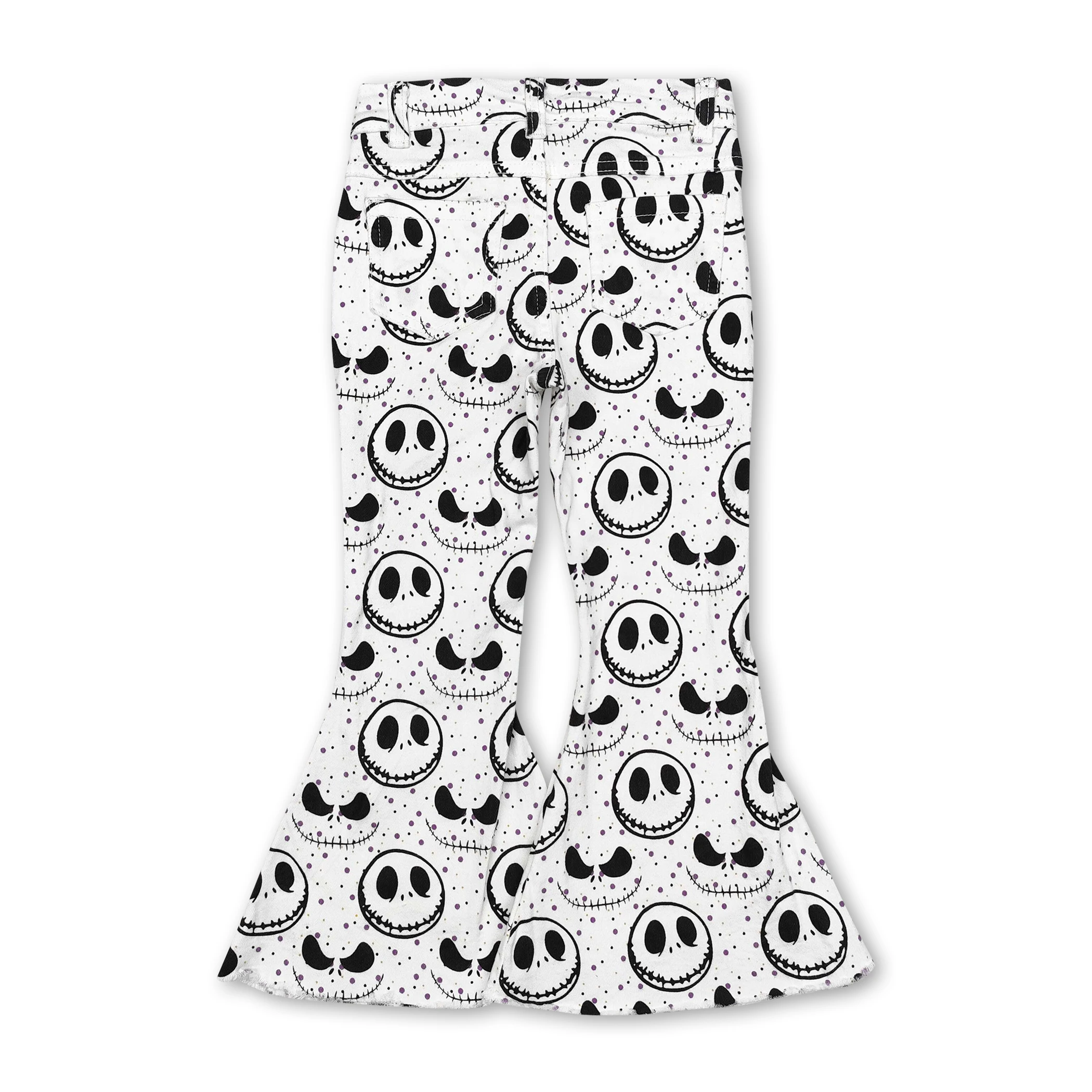 Wholesale Halloween human skeleton print white denim bell-bottoms kids pants girls boutique clothing
