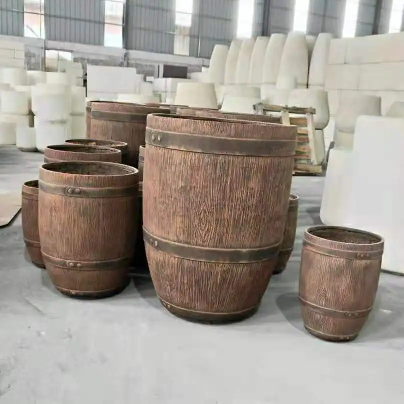 hot sale artificial tall round wood texture fiberglass concrete flower planters