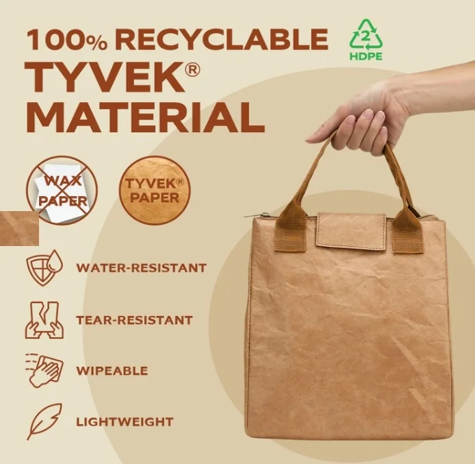 Customized Tyvek Material Lunch Cooler Bag Lunch Box Eco Friendly Washable Kraft Paper Bags 100% Leakproof Insulated Tote Bag