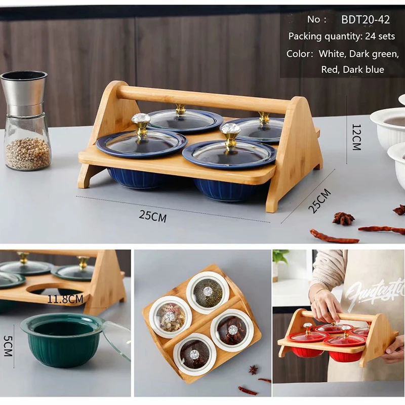 
Candy box Home snack ceramic bowl with glass cover With bamboo and wood brackets 