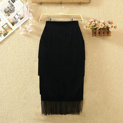kc AM200303 Wholesale Custom Solid Office Ladies Skirts High Waist Stretch Tassel Womens Skirts Sexy Midi Fringe Skirt