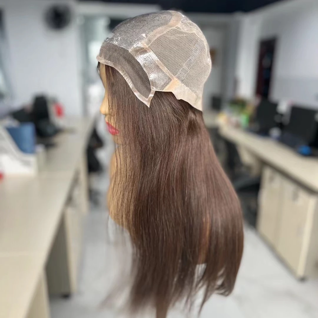 2023 wholesale human virgin raw hair woman #4 brown color silicone base full hand tied glueless alopecia patients medical wig