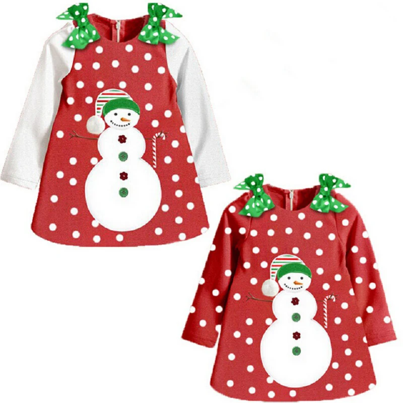 
Snowman pattern polka dot red velour winter fall long sleeve christmas baby dress 