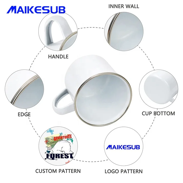 Sublimation Blank White Enamel Mug 12 OZ with Silver Rim Camping Travel Coffee Metal Mug for Christmas Thanksgiving Day