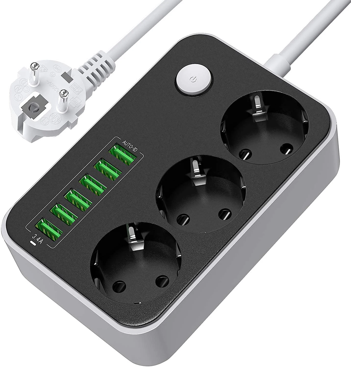 Multi-Socket Adapter 3 Way / Sockets 6 USB Ports Power Strip with Surge Protection 1.6 m Extension Cable EU Socket
