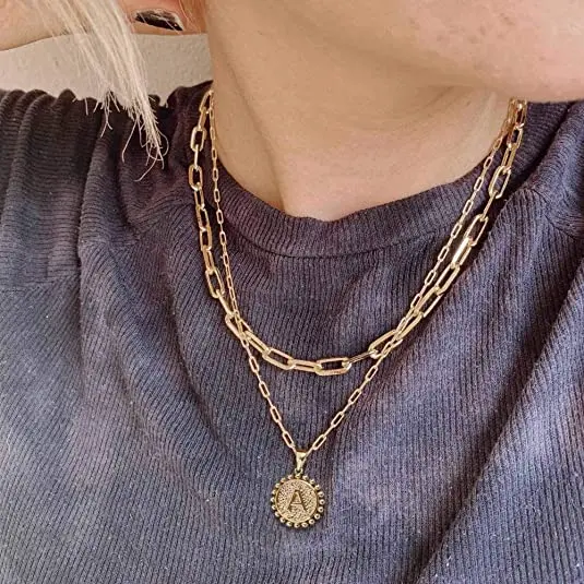 2021 Exquisite Long Chain Layered Initial Necklace for Women Simple Cute Round 26 Letter Pendant