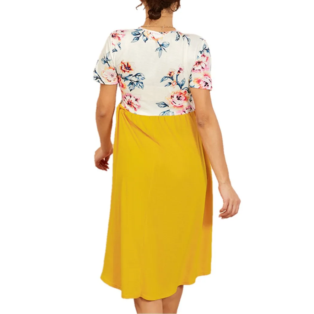 Summer hot selling contrast color maternity dress print short-sleeved loose nursing dress breastfeeding clothes women 2021